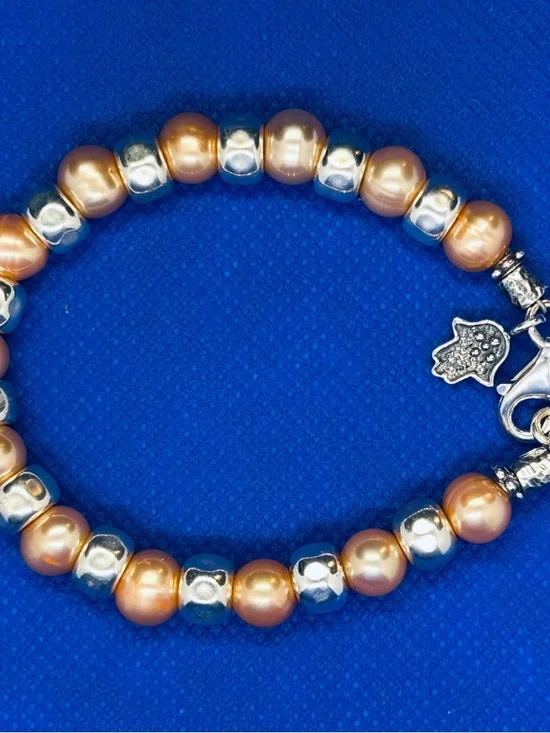 Sterling Silver Hamsa Peach Pearl Bracelet by Passage to Israel - Picture 3 of 7